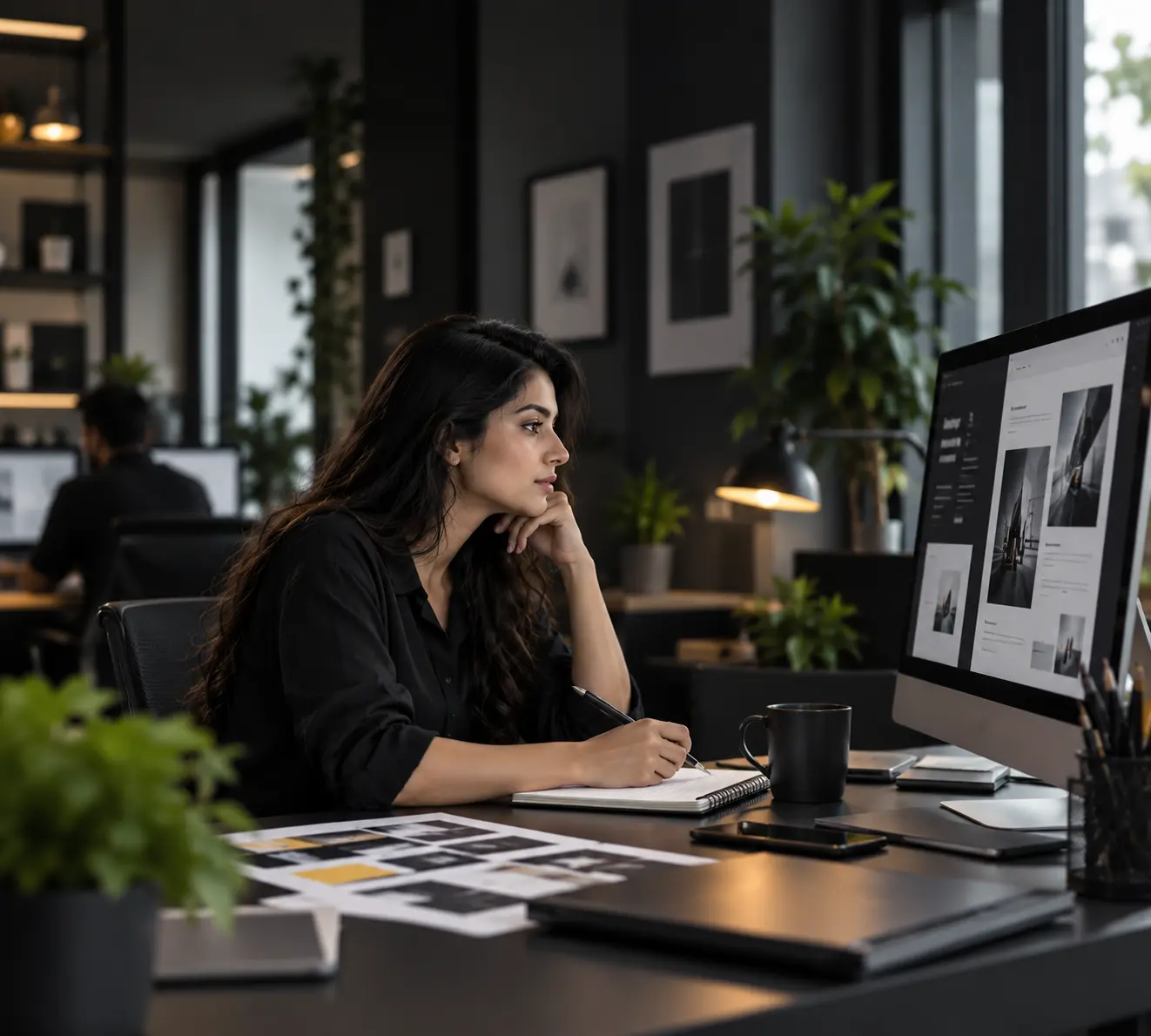 Creative director reviewing website layouts in a digital design studio